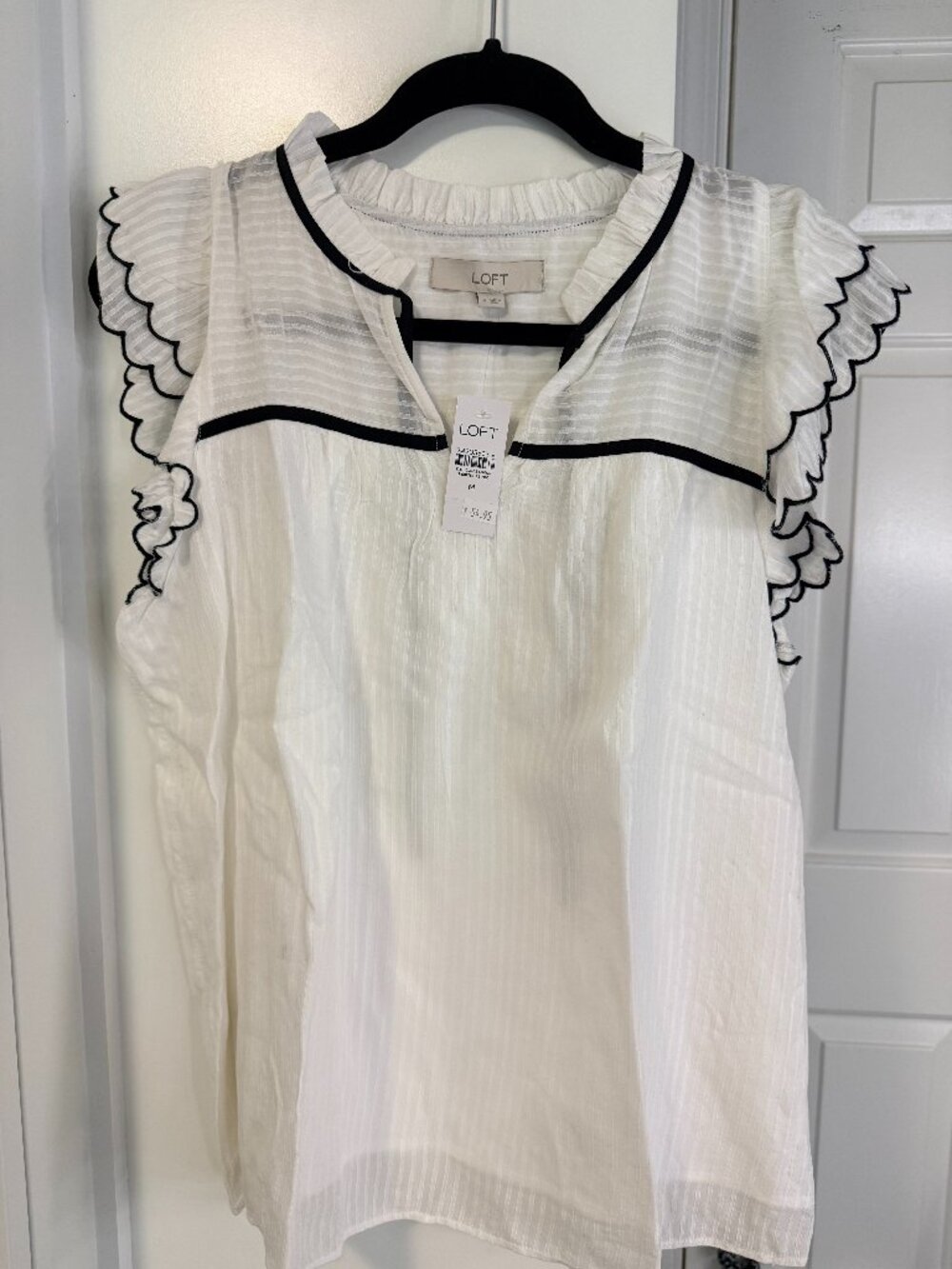 LOFT White Ruffle Blouse with Navy Blue Trim - NWT, Sz Md